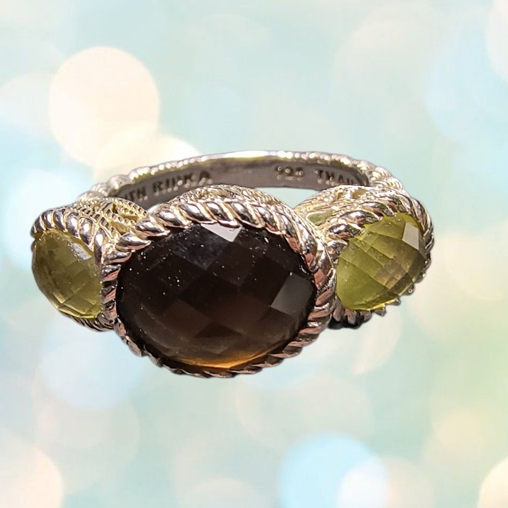 Judith Ripka Smoky Quartz and Peridot Trio Stone Ring in Sterling